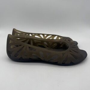 Crocs Womens Black Olive Peep Toe Cut‎ Out Flats Shoes Size 7